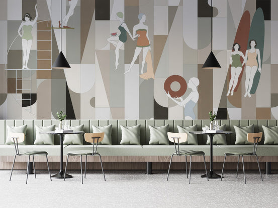 Fashion store wall mural with retro swimmers and geometric wallpaper design.