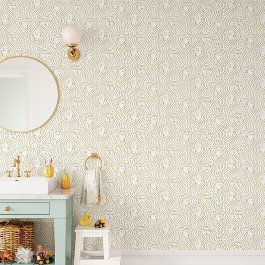 Artistic wall mural design featuring minimalist faces and wavy patterns