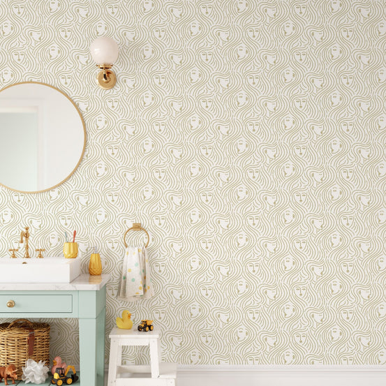 Artistic wall mural design featuring minimalist faces and wavy patterns