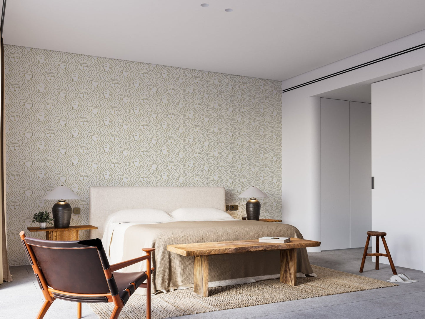 Repetitive face motif wall mural with flowing lines in bright bedroom.