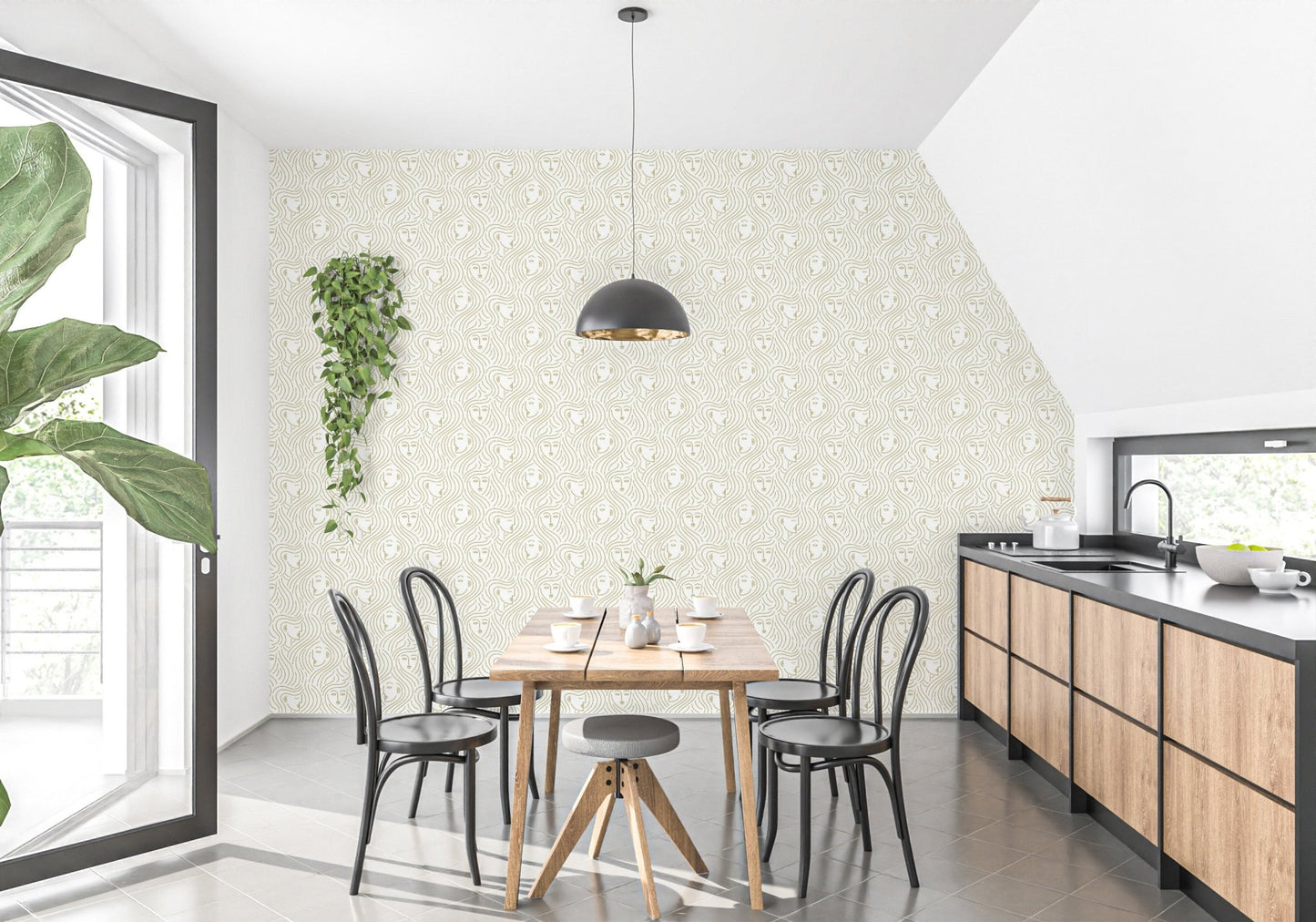 Sabong wall mural brings graceful line art into a modern dining room.