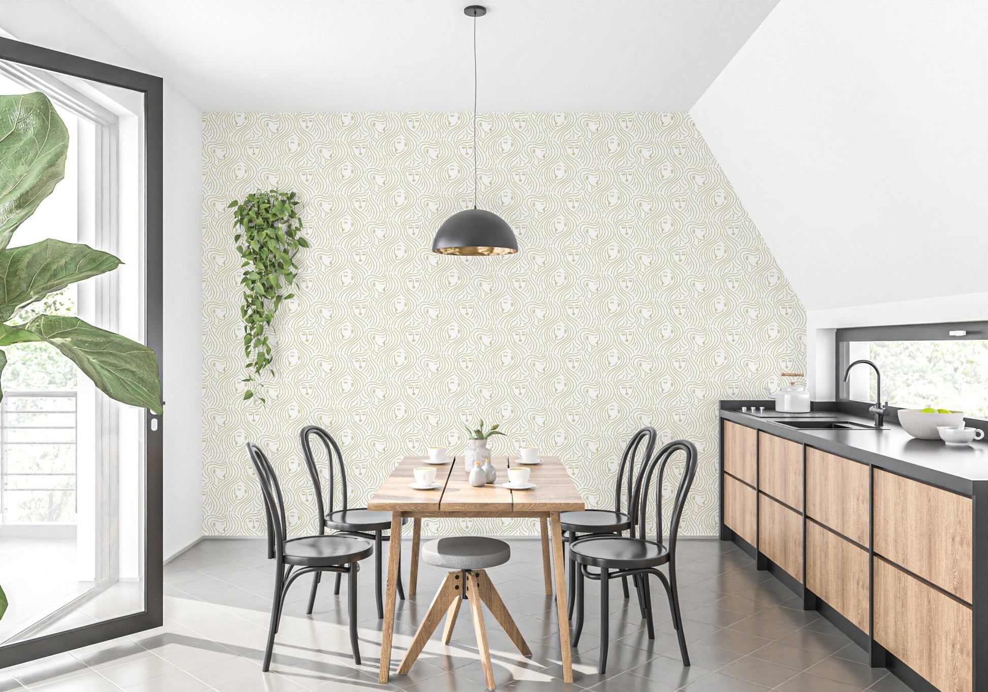Sabong wall mural brings graceful line art into a modern dining room.