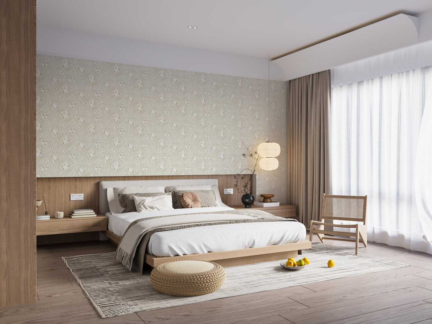 Feanne wall mural for bedroom spaces with gentle sketch details.