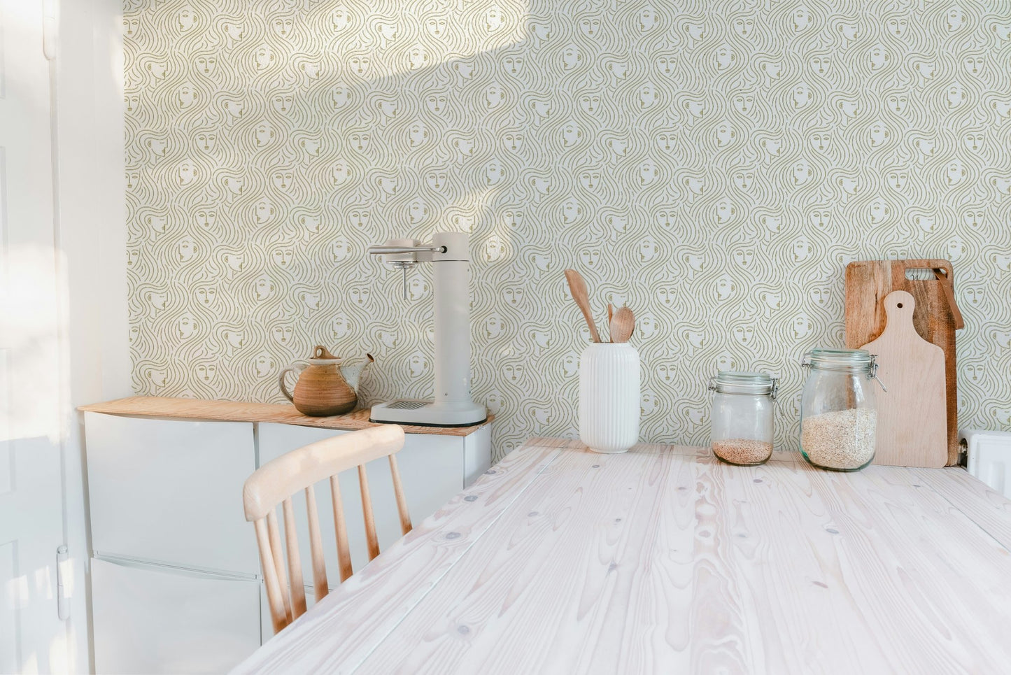 Modern artistic wall mural with abstract faces and rhythmic patterns for kitchen.