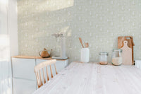 Modern artistic wall mural with abstract faces and rhythmic patterns for kitchen.