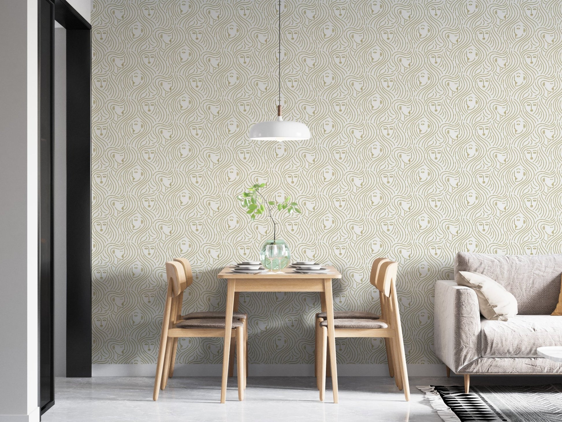 Sabong wall mural for dining room with soft grey portrait forms