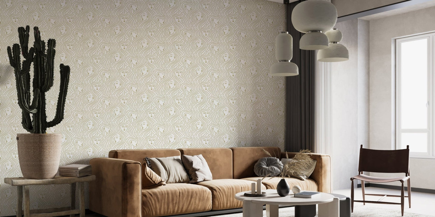 Grey wall mural for living room with repeated Feanne face outlines.
