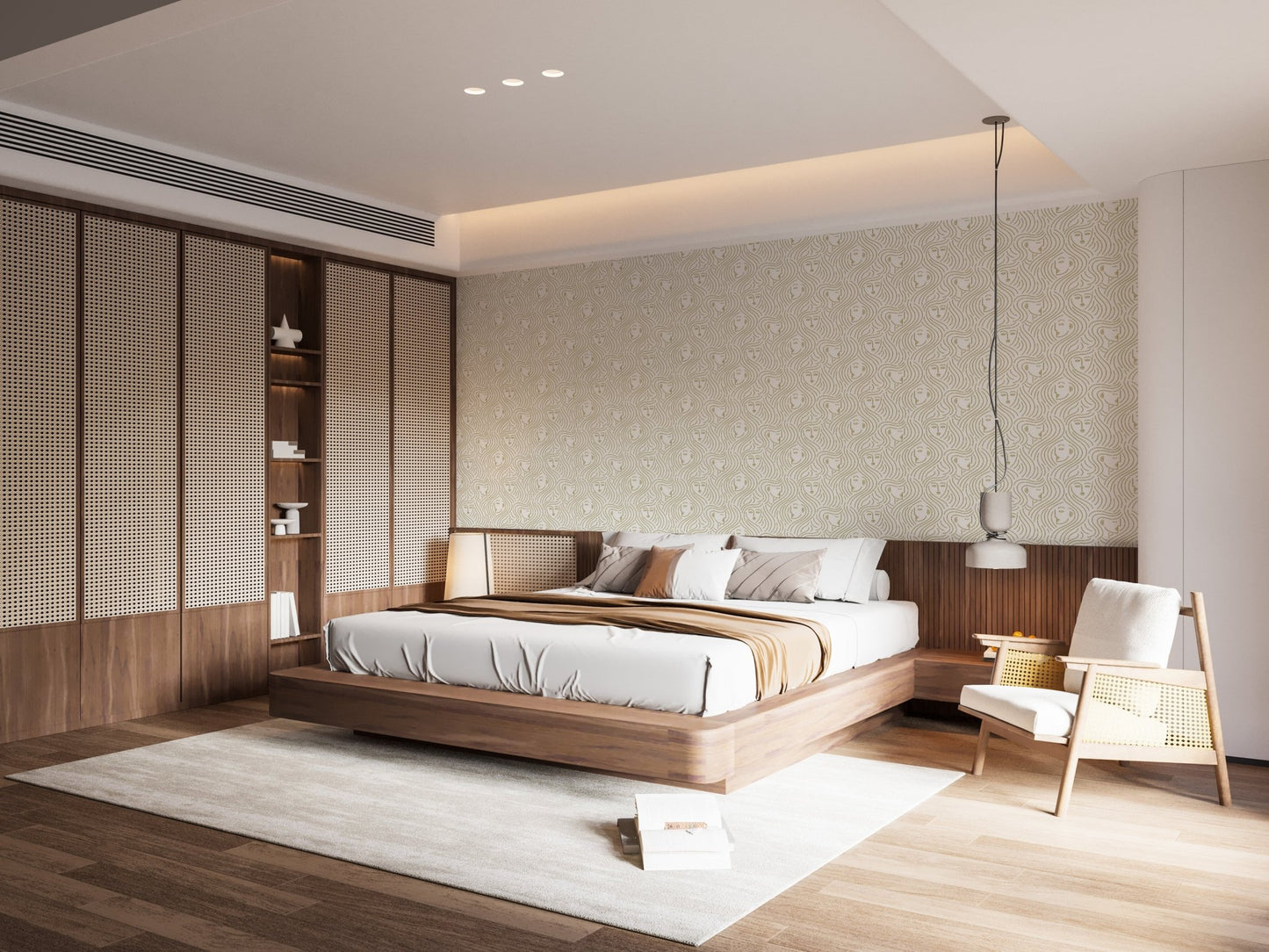 Contemporary bedroom mural featuring faces embedded in flowing shapes.