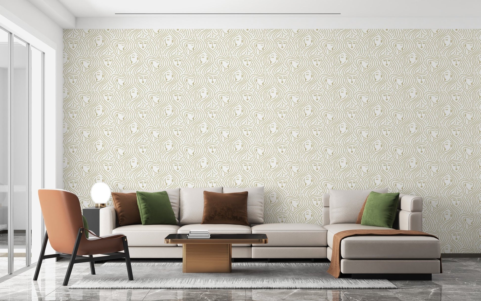 Stylish abstract faces wall mural with flowing, interconnected line art.