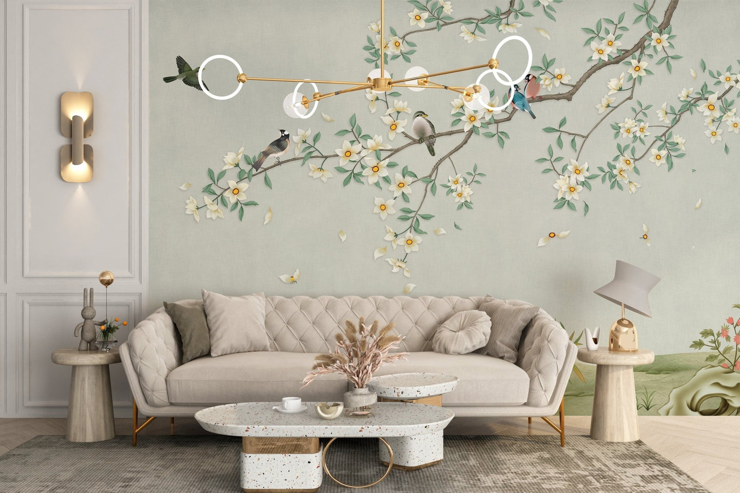 Light grey canopy wall mural with botanical prints in a sunlit residential room.