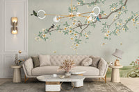 Light grey canopy wall mural with botanical prints in a sunlit residential room.