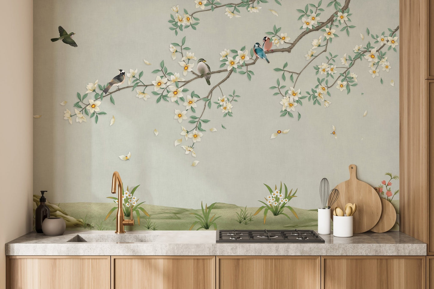 Kitchen backsplash area featuring Feathered Canopy Wall Mural.