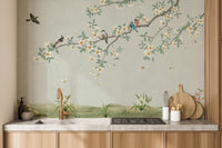 Kitchen backsplash area featuring Feathered Canopy Wall Mural.