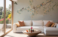 Feathered Canopy Wall Murals with white sofa and wooden coffee table.