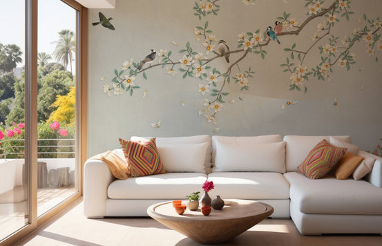 Feathered Canopy Wall Murals with white sofa and wooden coffee table.
