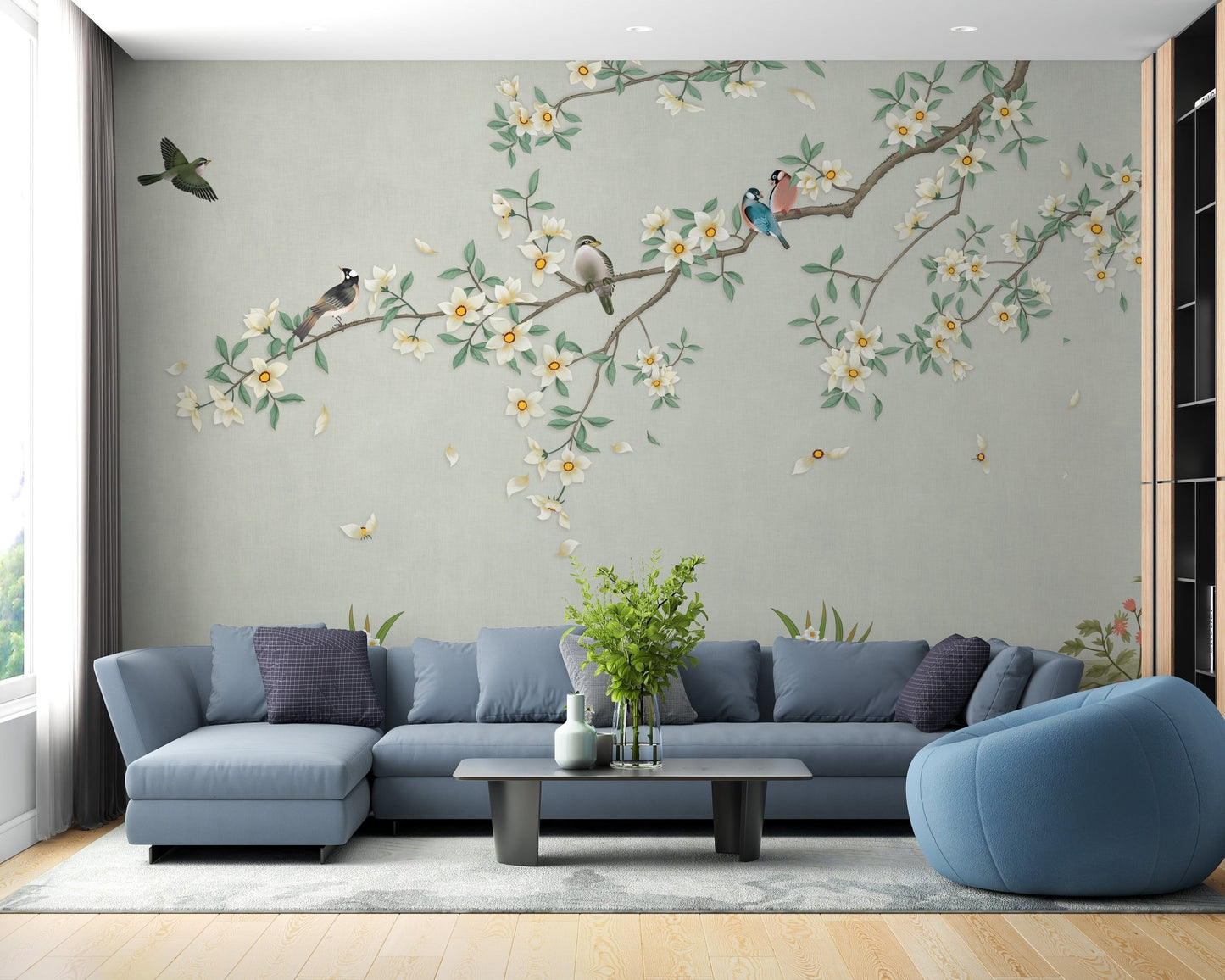 Neutral living space with Feathered Canopy Mural on the main wall.