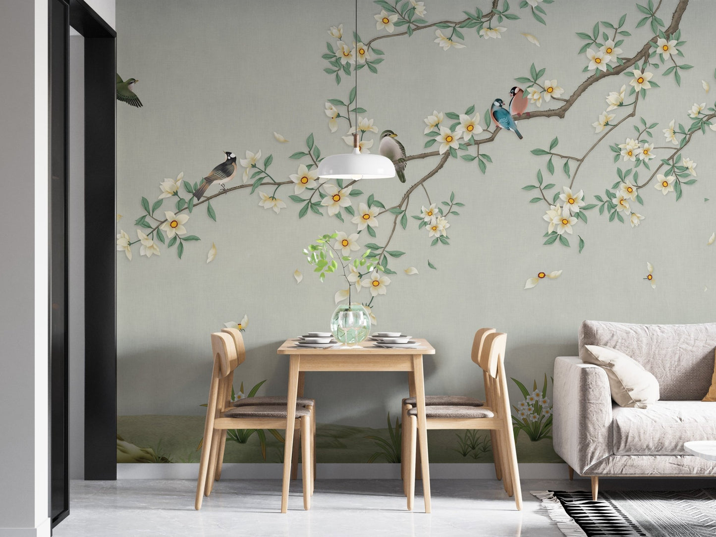 Floral canopy wall mural in a small dining area with light wood furniture.