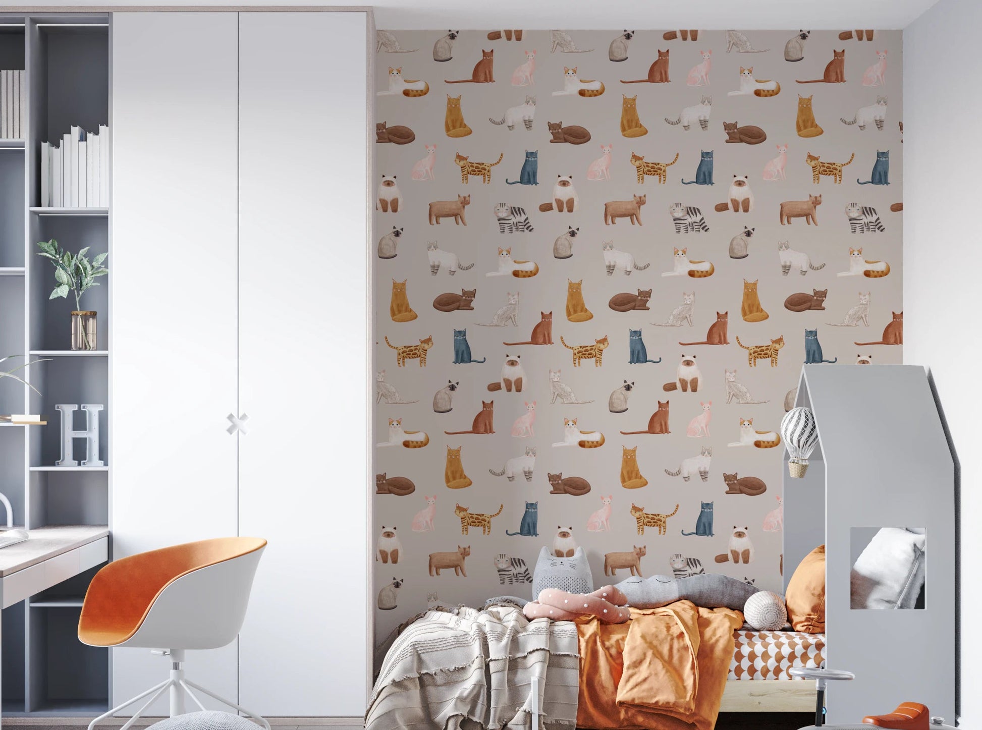 Hand-drawn kitty print wallpaper murals