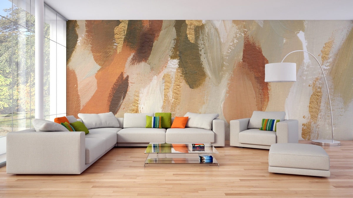 Modern art inspired wall mural in earthy color blend.
