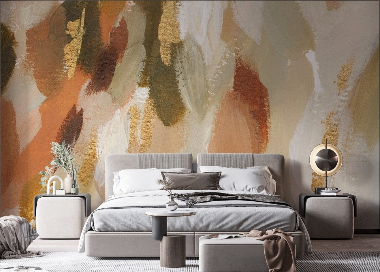 Textured brushstroke effect wall mural in muted warm color.