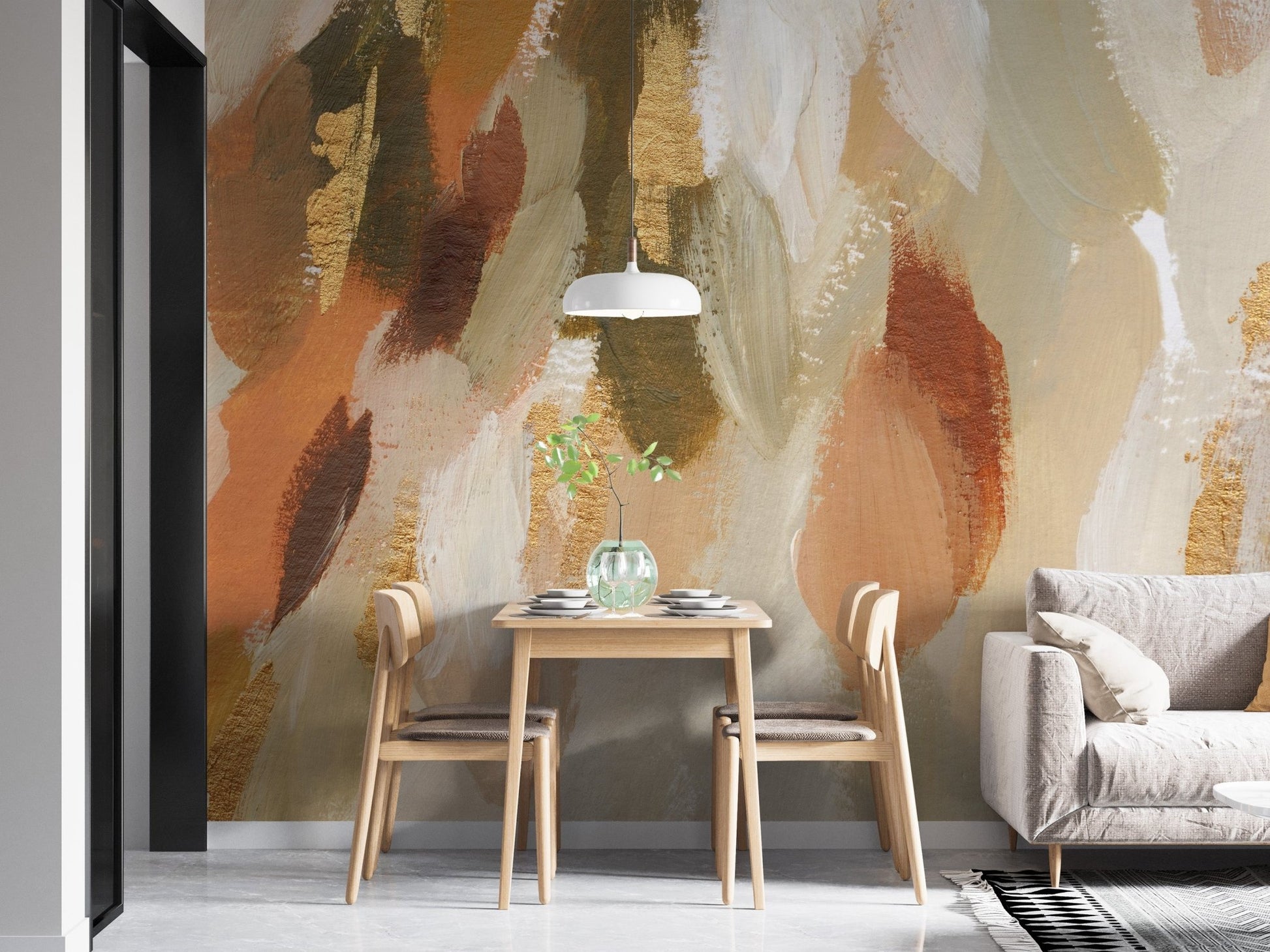 Contemporary abstract wallpaper with metallic gold accents.