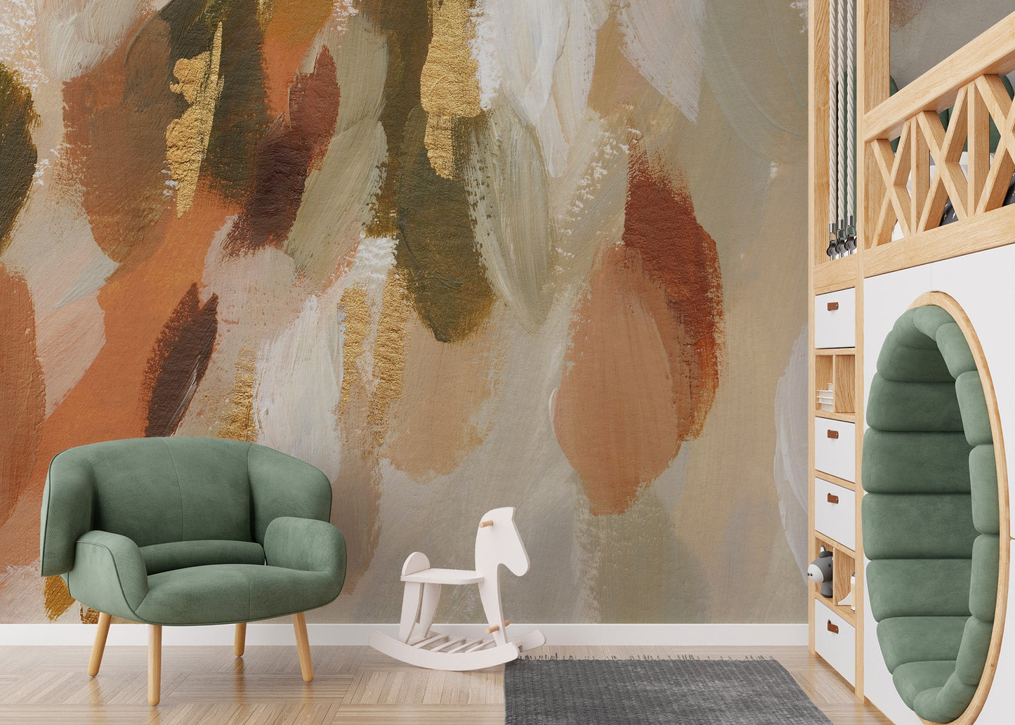 Artistic brushstroke wallpaper in warm beige color scheme.