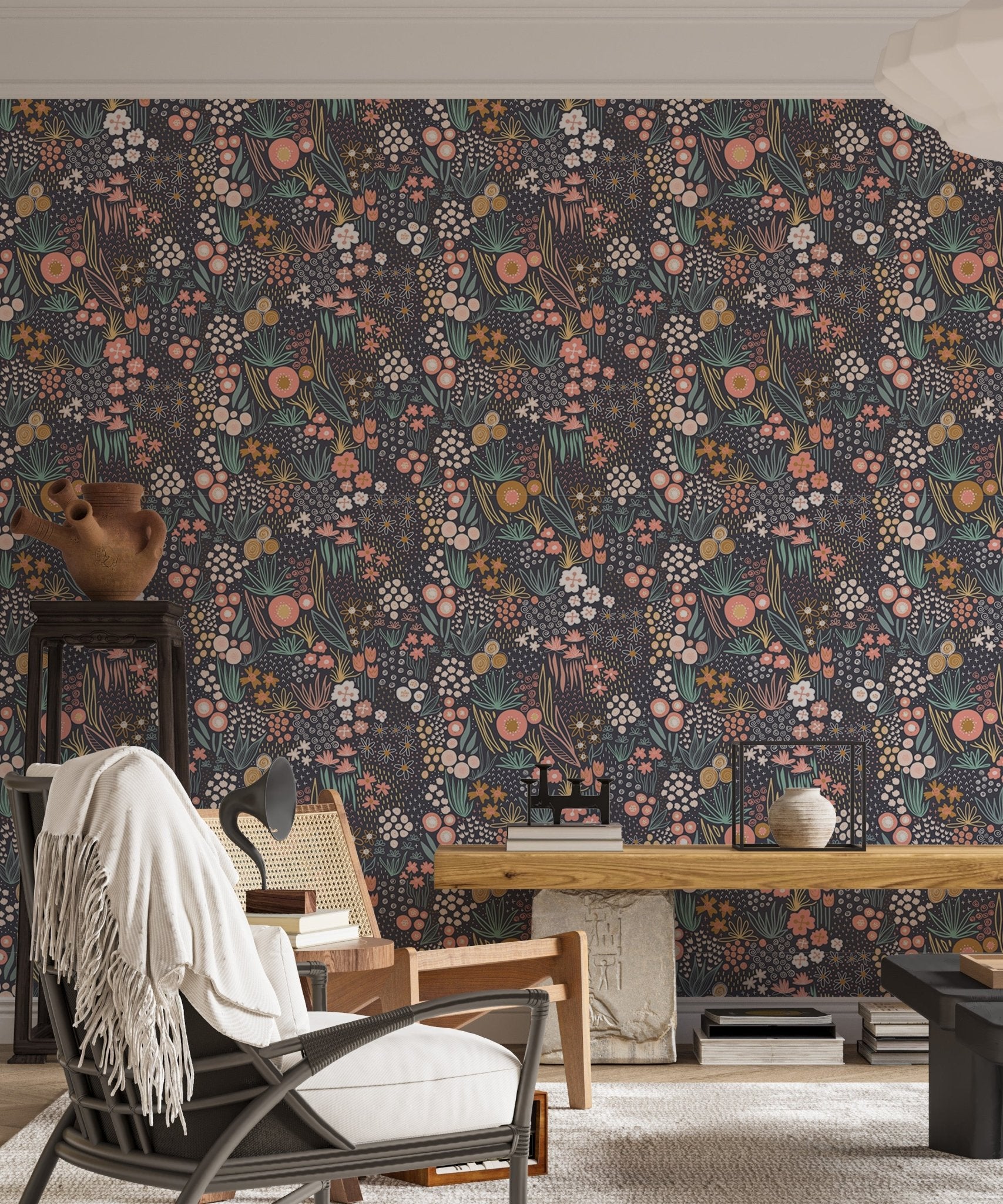 Field Pastel Colorful Repeat Pattern Flower Wallpaper in a living area with a wooden bench.