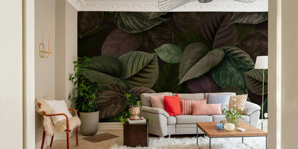 Minimalist design with dark green mural wall
