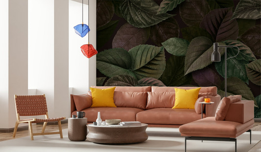 Modern living room with botanical accent wall mural