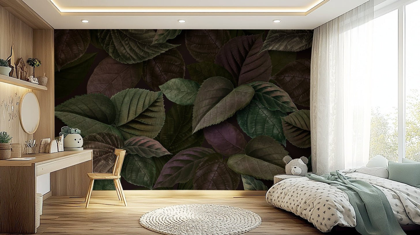 Green leafy mural in a guest bedroom suite