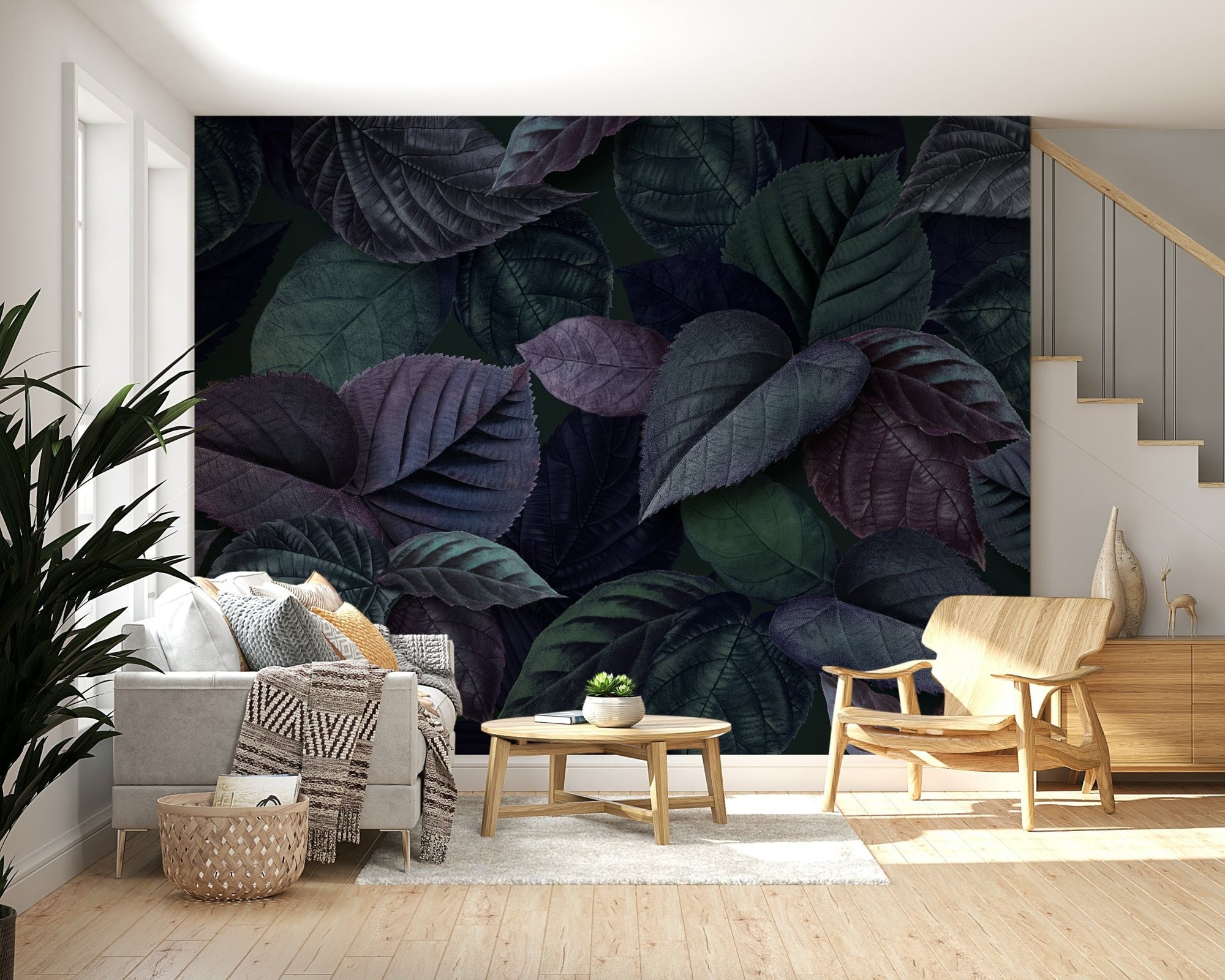 Modern living room purple leaf wallpaper mural