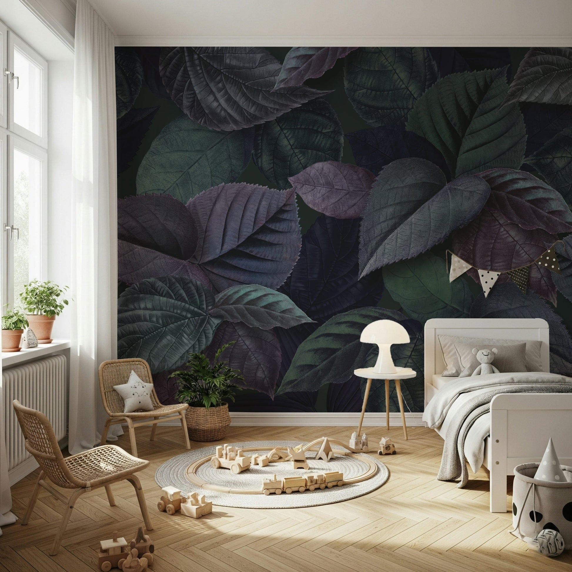 Minimalist foliage wallpaper in a bright nursery
