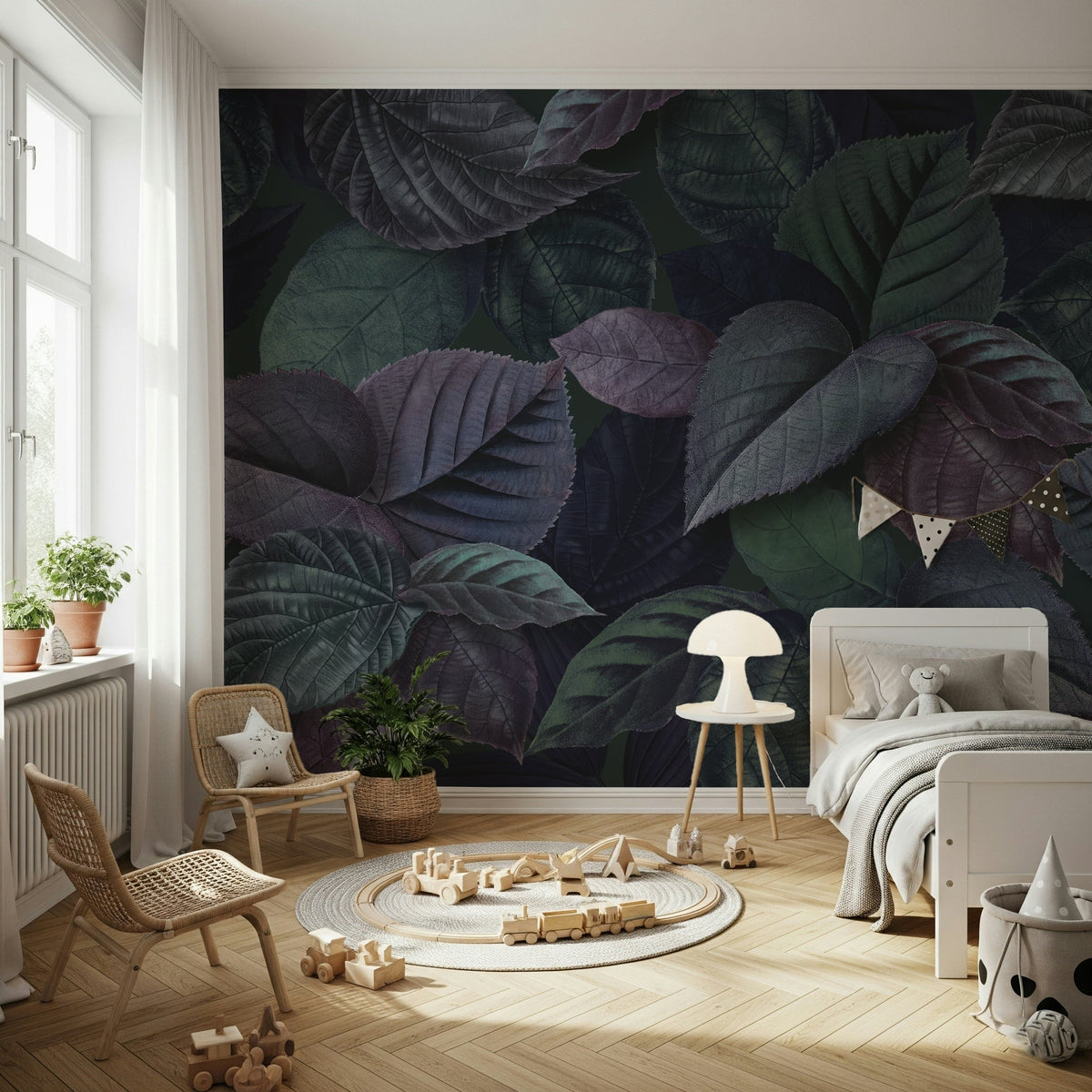 Dark foliage accent wall in cozy bedroom