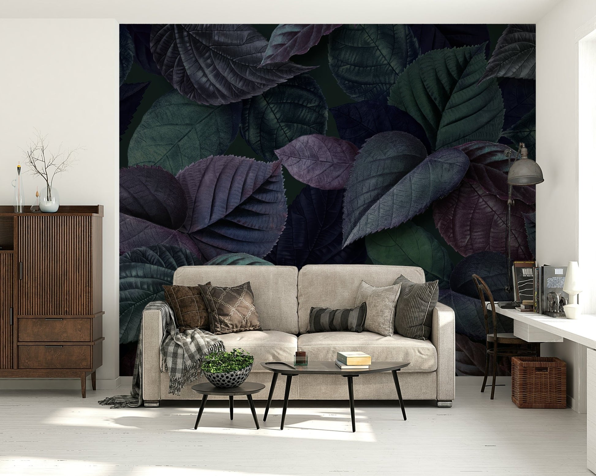 Detailed tropical foliage art on a feature wall