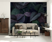 Detailed tropical foliage art on a feature wall