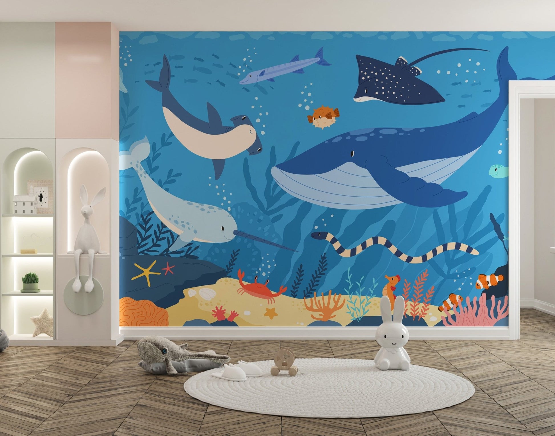 Aquatic life wall mural in a minimalist room with a white circular rug.