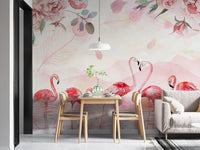 Pink flamingo wallpaper mural in a minimalist dining area.