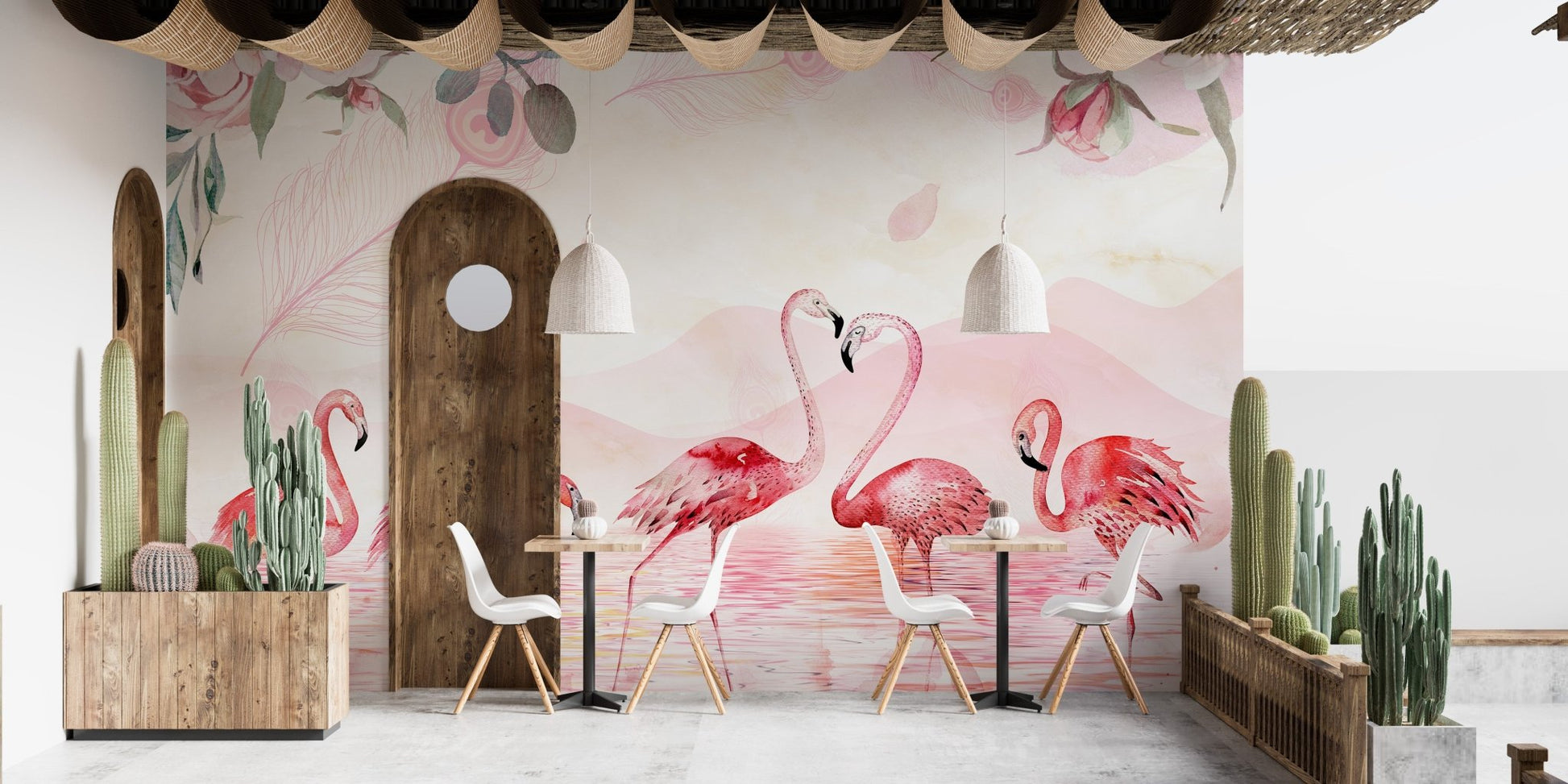 Minimalist dining room featuring Feathered Flamingos Wallpaper mural