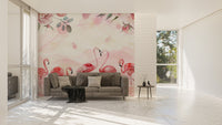 Feature living room wall mural with soft pink tones and artistic bird motifs