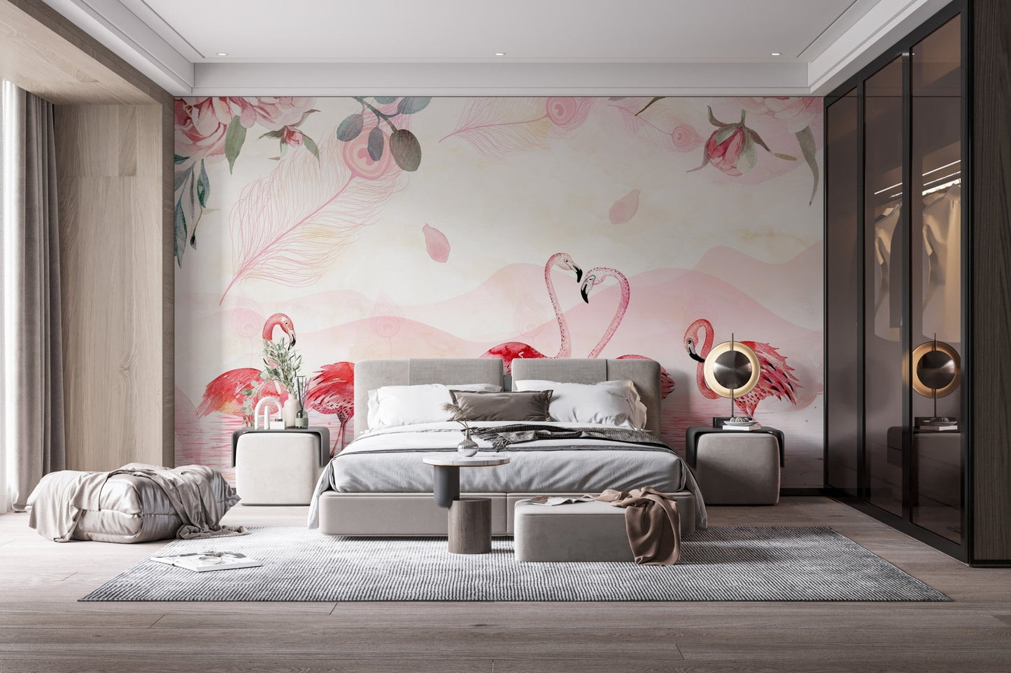Flamingo wallpaper mural creating a calming bedroom atmosphere