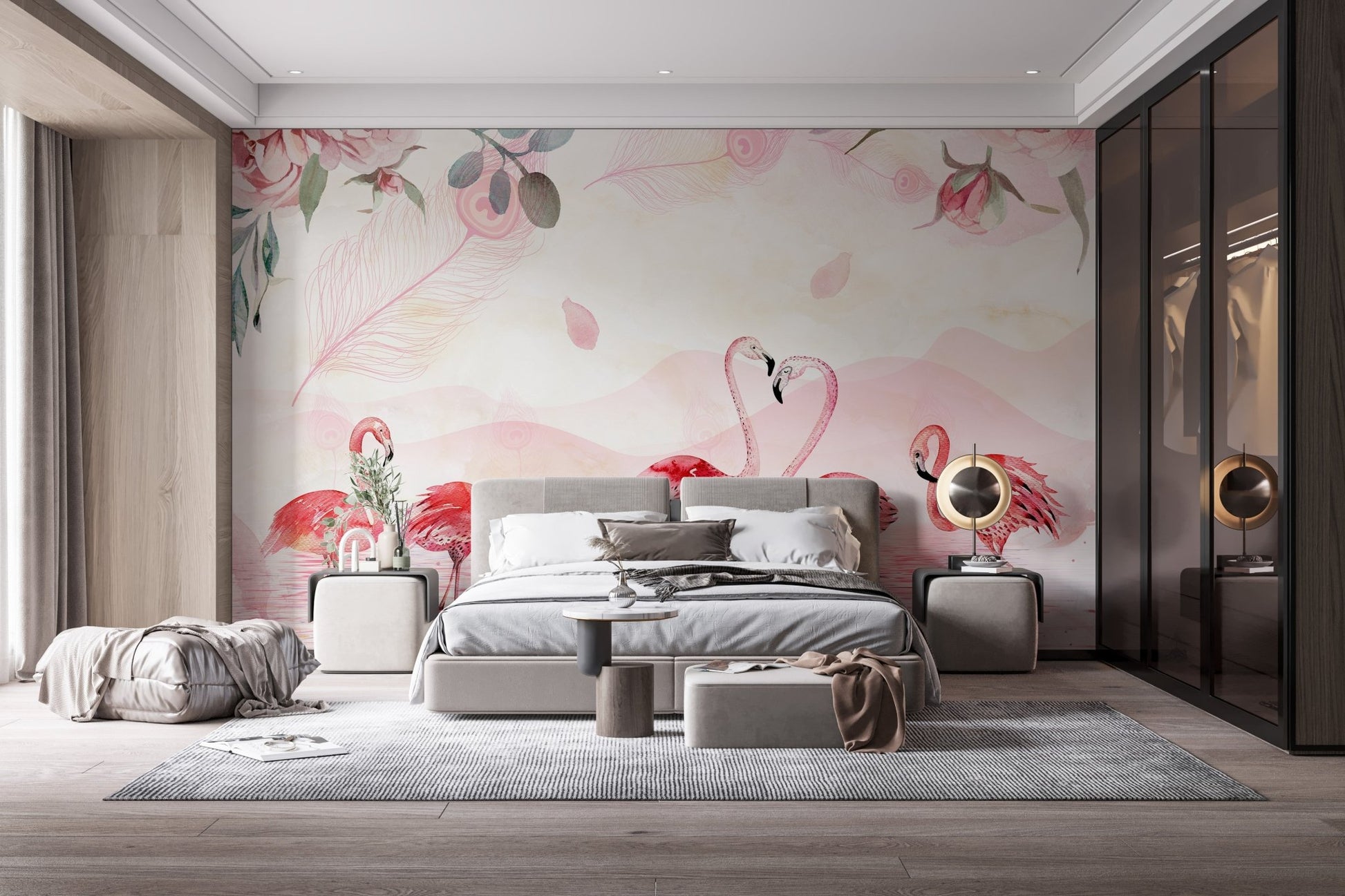 Flamingo wallpaper mural creating a calming bedroom atmosphere