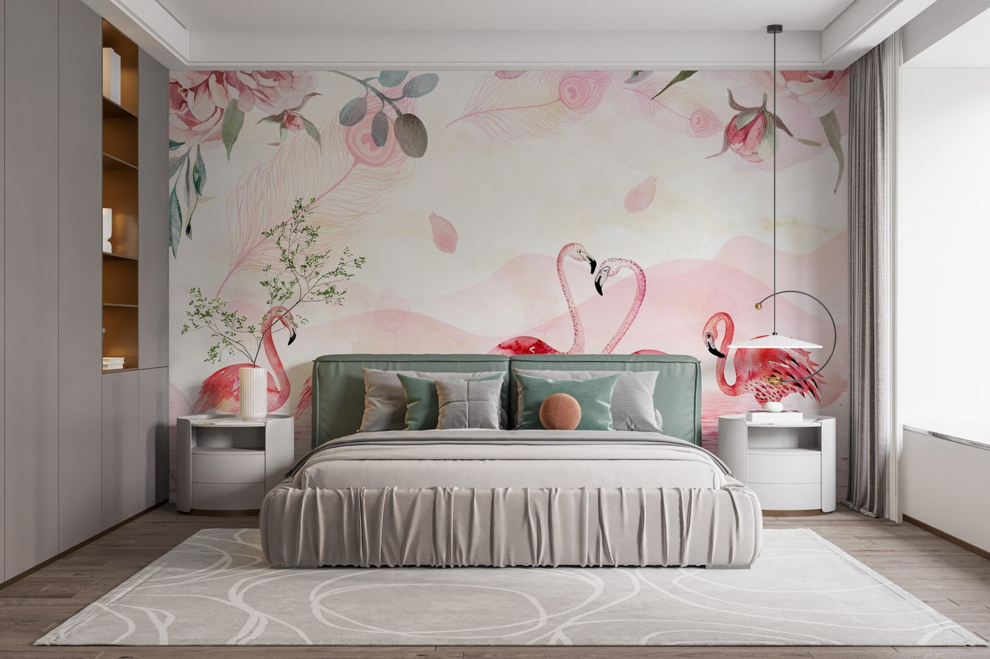 Bedroom headboard wall covered in pink flamingo wallpaper mural design