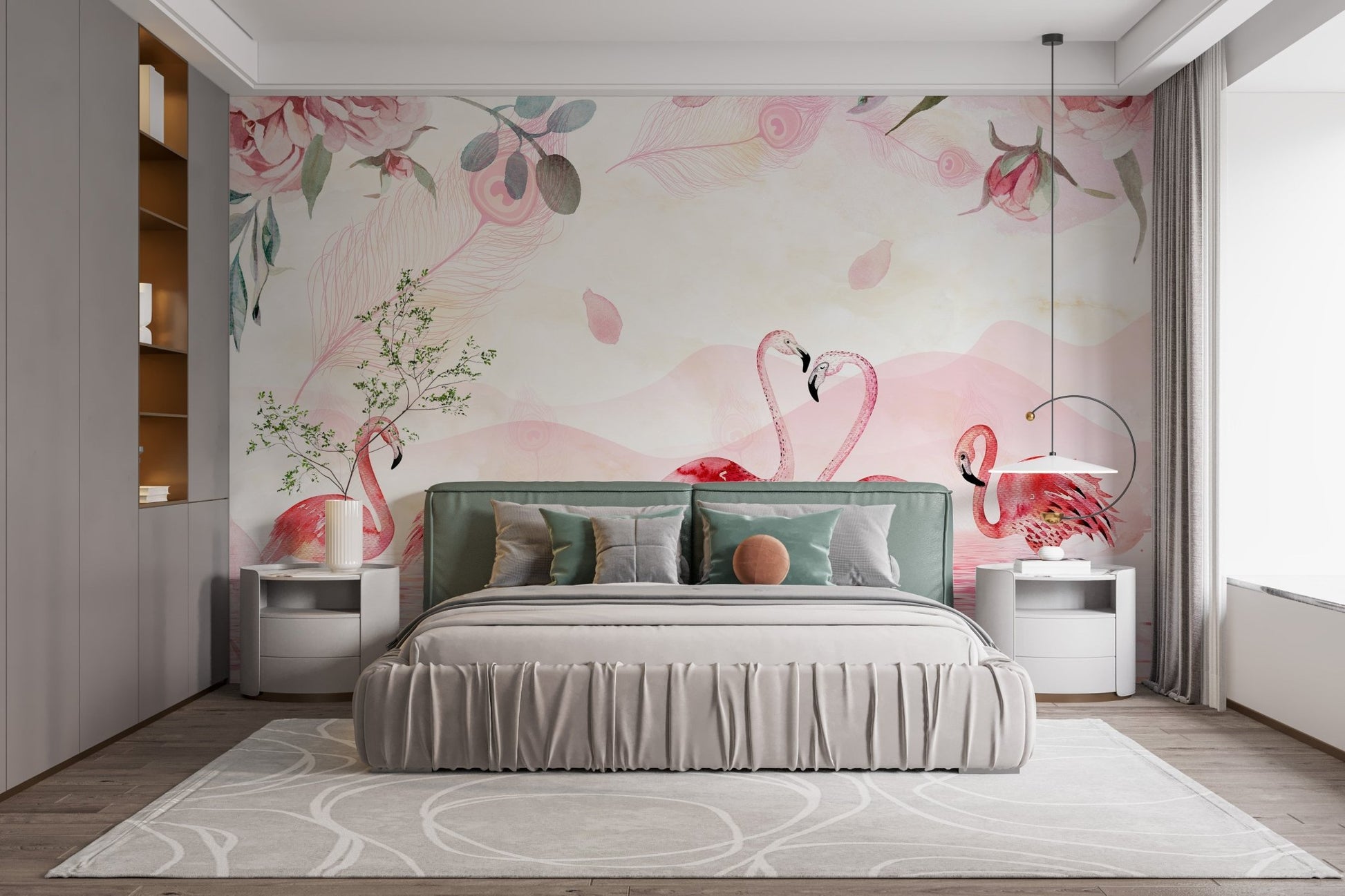 Bedroom headboard wall covered in pink flamingo wallpaper mural design
