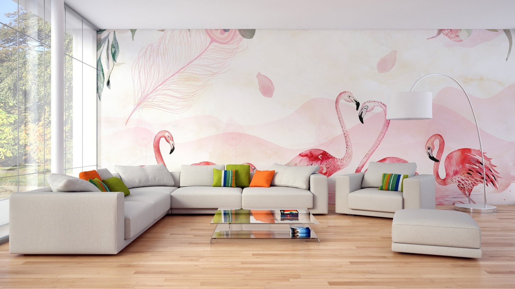 Soft pink bird themed wall mural in a contemporary living space