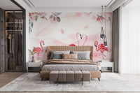 Soft pastel flamingo wall mural design for a serene bedroom aesthetic