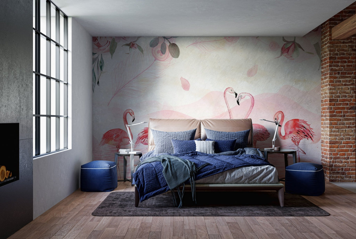 Modern interior setting with a large scale flamingo wall mural