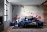 Modern interior setting with a large scale flamingo wall mural