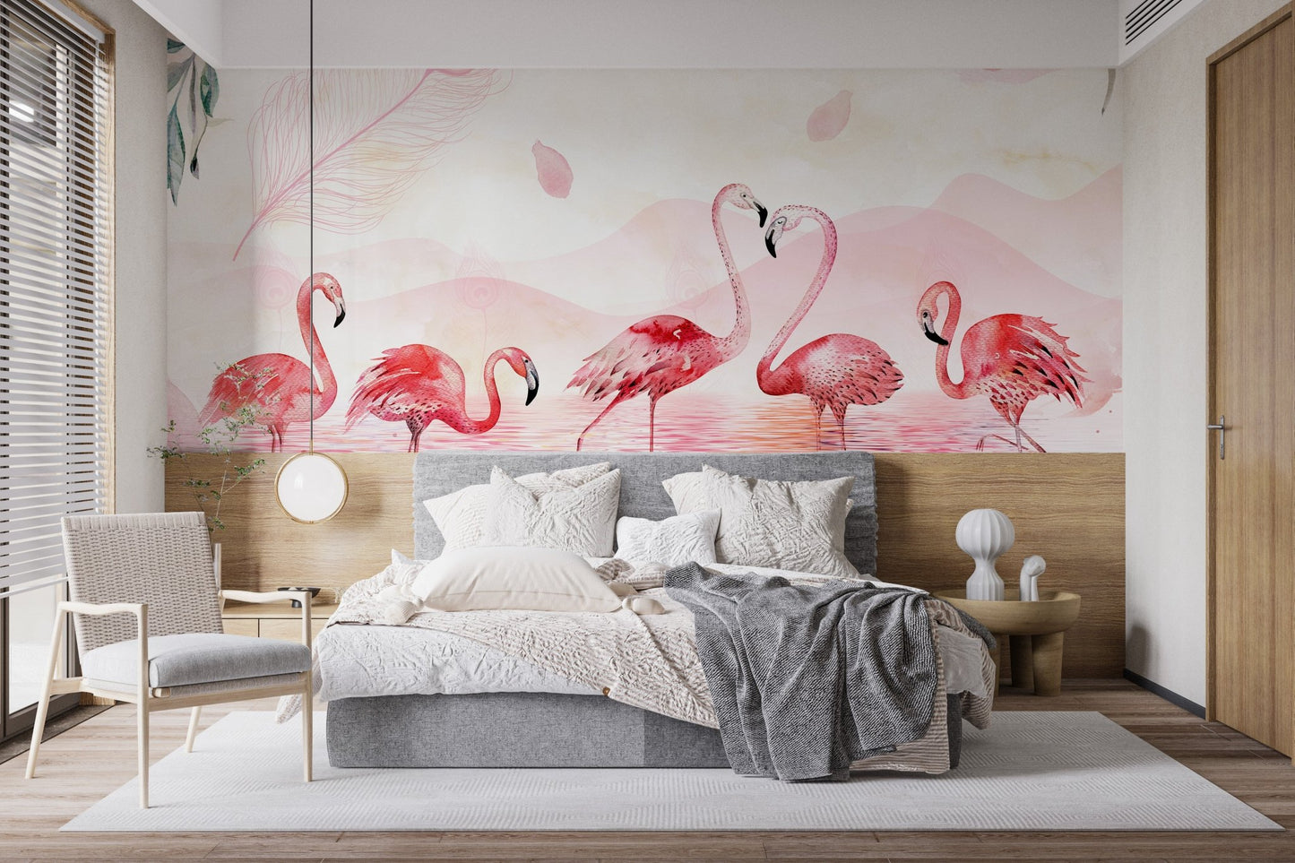 Five Feathered Flamingos Wallpaper Mural behind a wooden bed frame