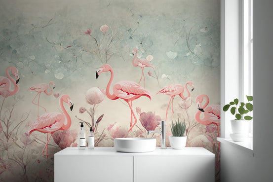Flamingo fantasy wallpaper mural with pink flamingos and soft florals.