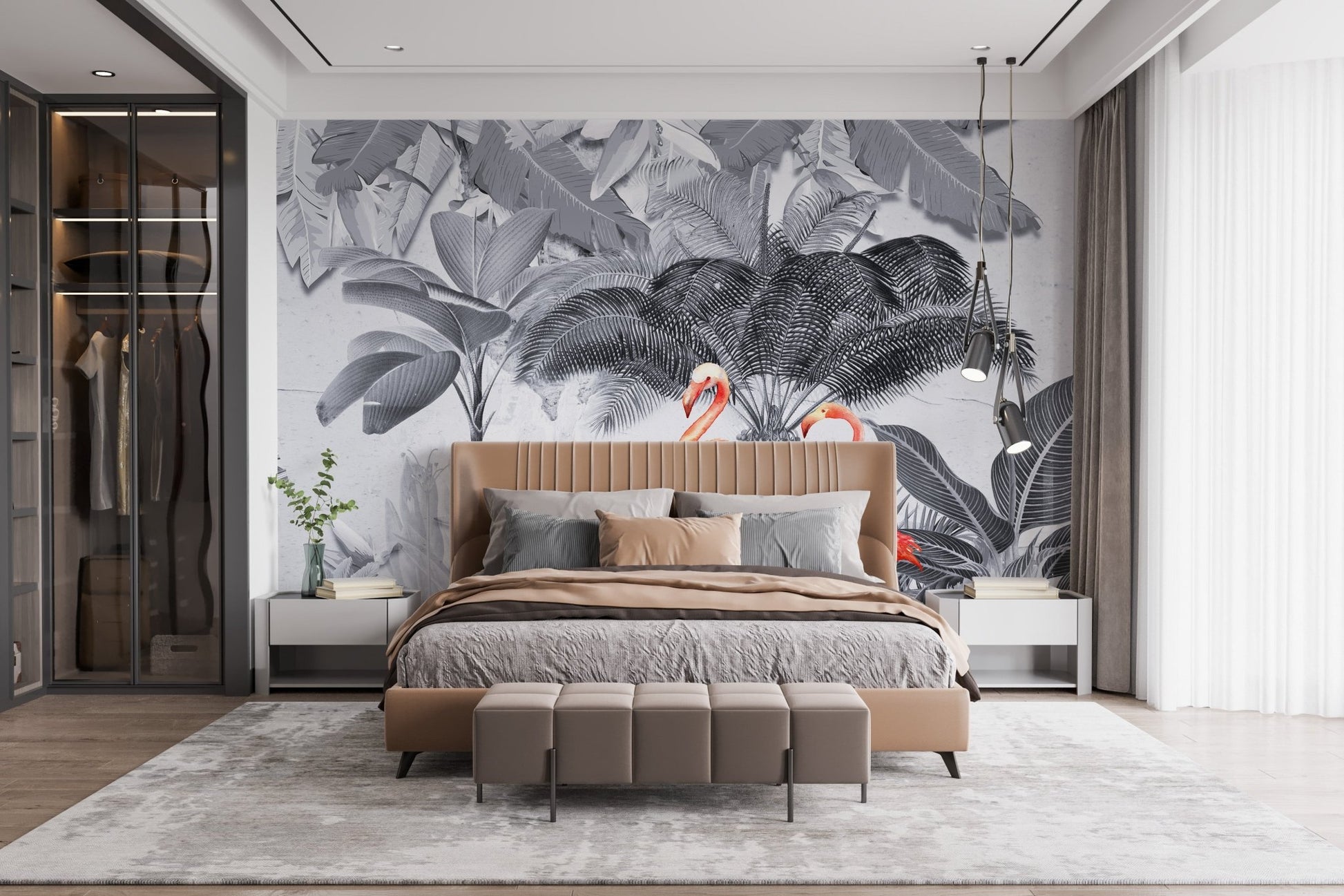 Modern bedroom with Flamingo Haven in Shades of Gray Murals behind a wooden bed.